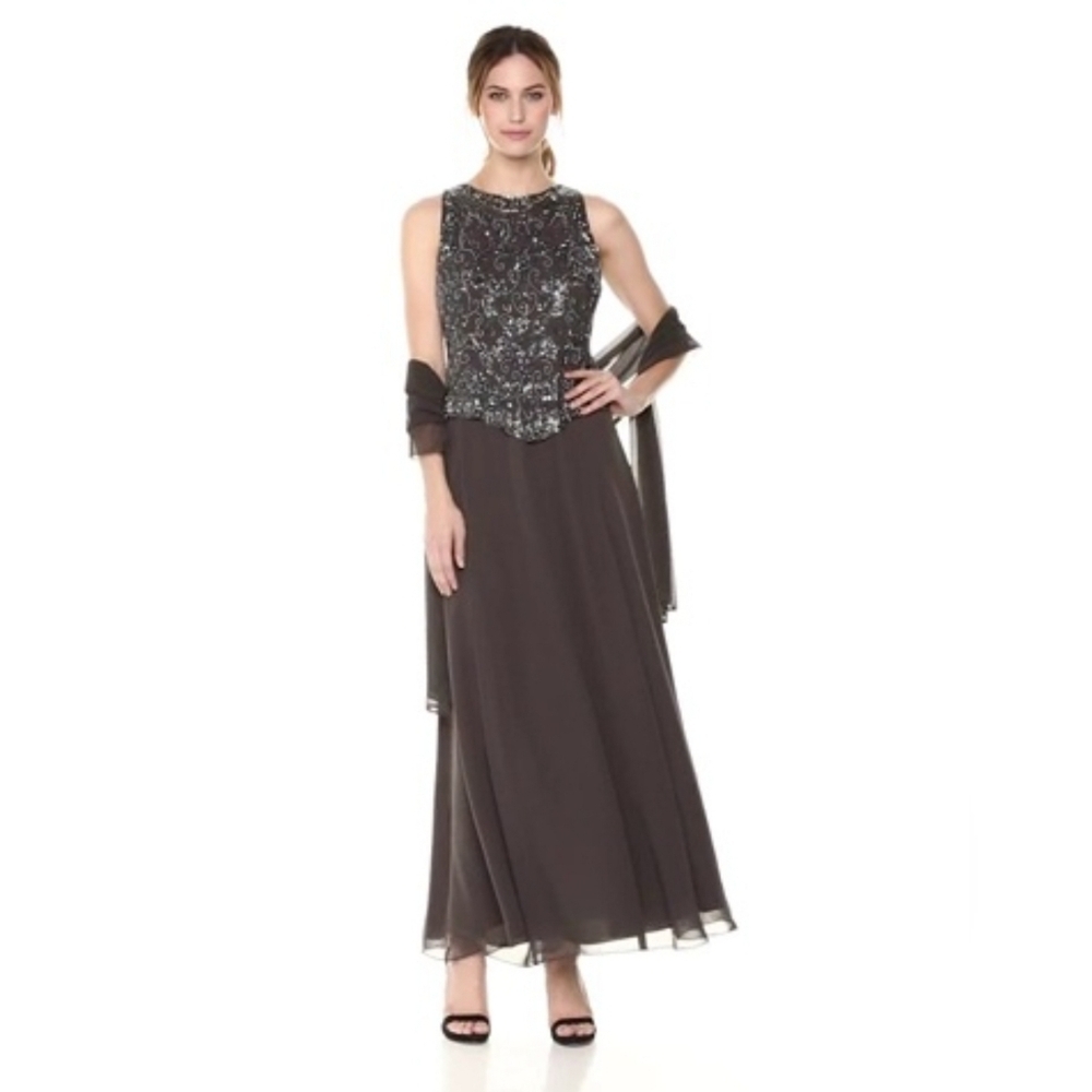 J Kara Women's Long Beaded Trim Dress with Scarf size 8P NEW